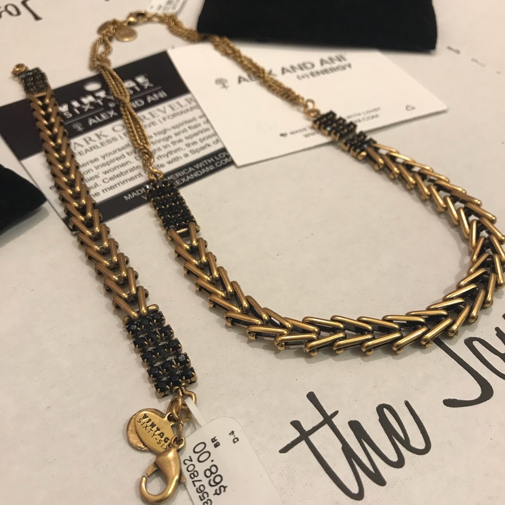 Bracelet AND Necklace With Black Glass Crystals